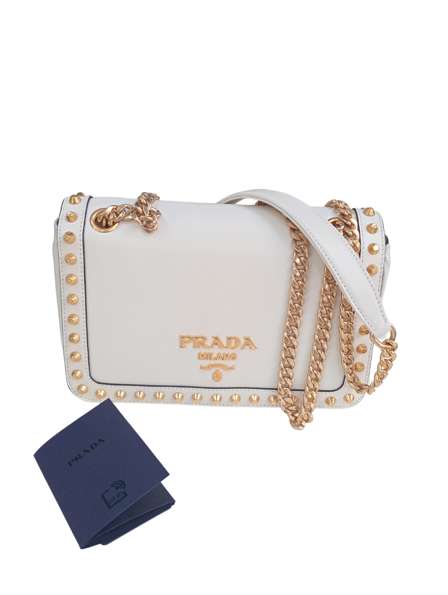 Bolso prada blanco y dorado
