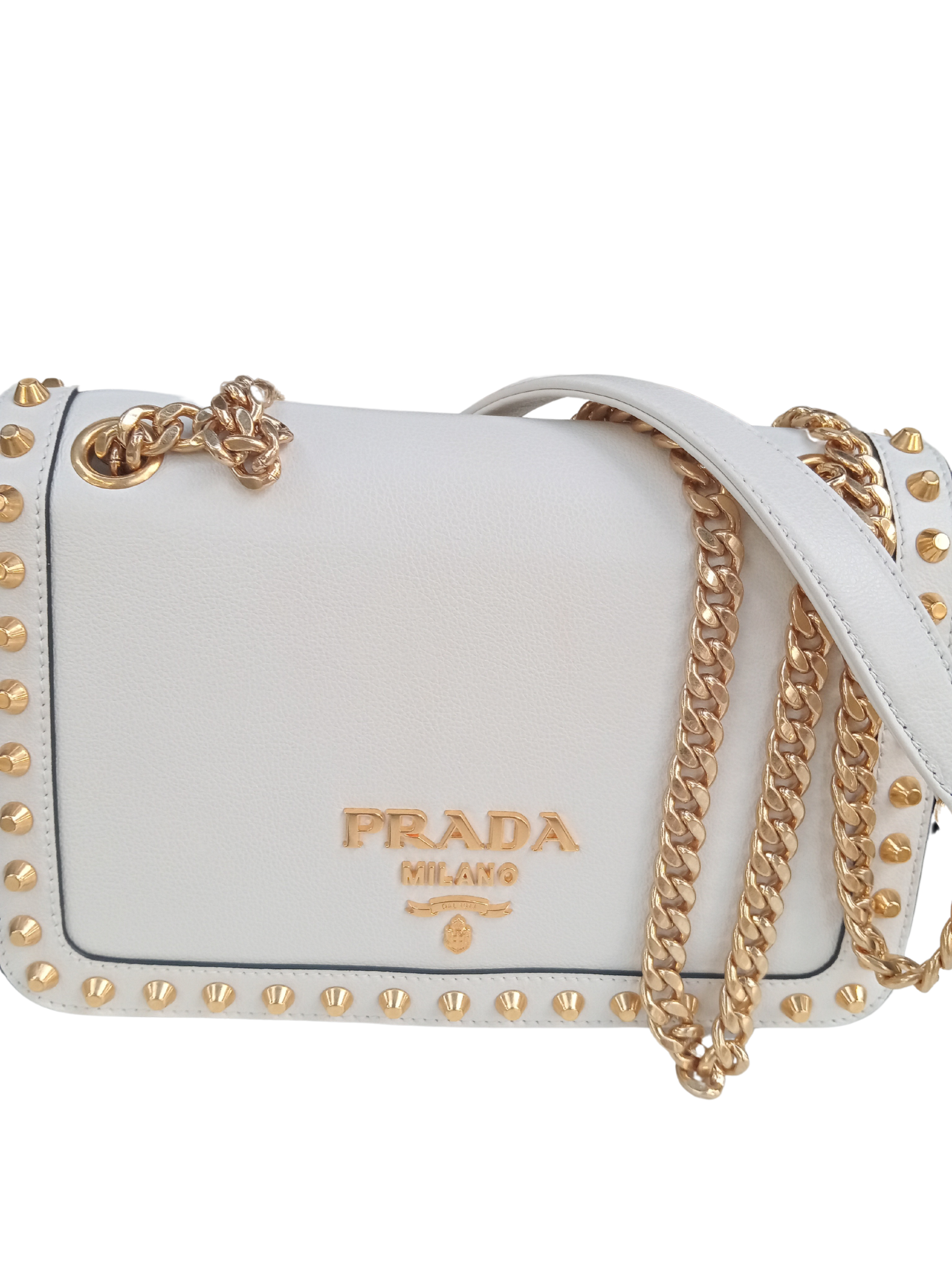Bolso prada blanco y dorado